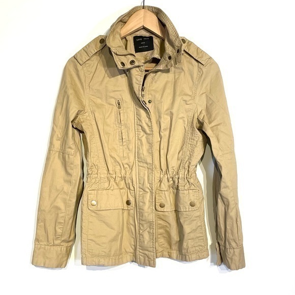 Love tree Small Classic Utility Jacket Khaki Cotton Jacket Tan Jacket Form Fit - Picture 1 of 10